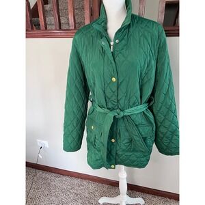 Nautica Womens Green Quilted Belted Jacket Gold Hardware XL Striped Lining